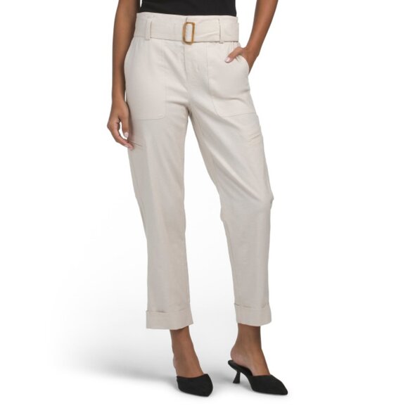 VINCE Light Oatmeal Linen Blend Belted Pants - Picture 1 of 2